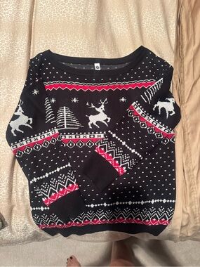 Black Reindeer off one shoulder Women's Sweater - Holiday Knit